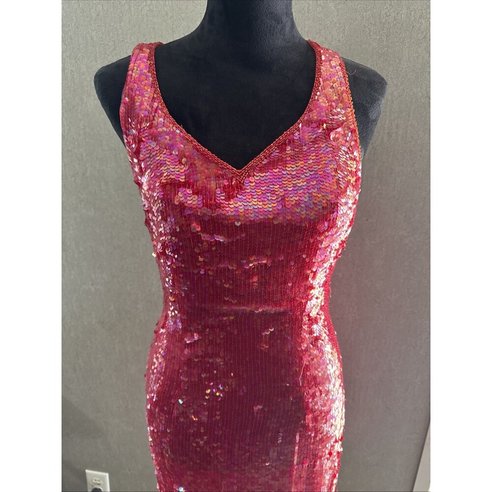 Vtg 80s Bari Jay Silk Sequin Dress Red Iridescent Pink Jessica Rabbit Mini 4